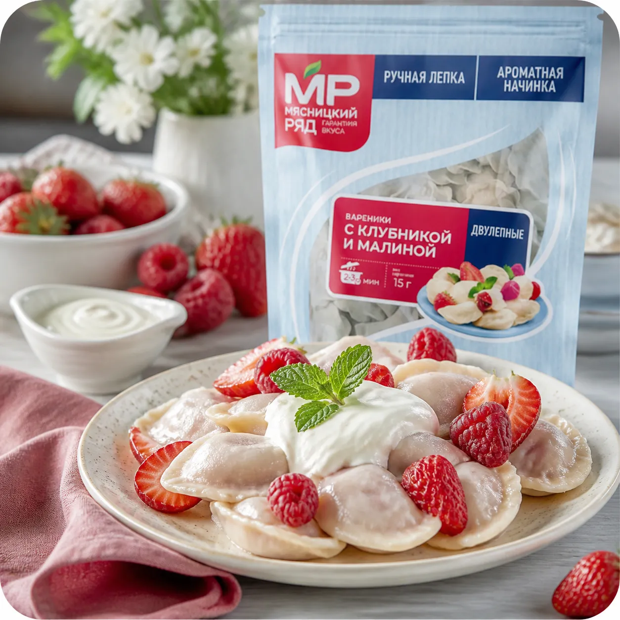 Вареники с клубникой и малиной, 500г