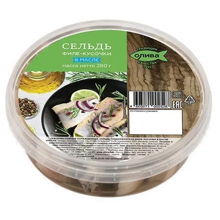 Пресервы рыбные "Олива", сельдь, филе-кусочки, соленая, в масле, 280г